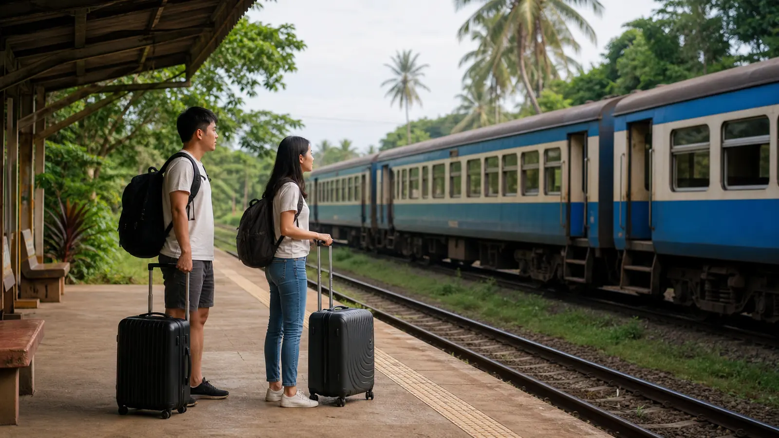 スリランカの列車でスーツケースの置き場所を確認する旅行者