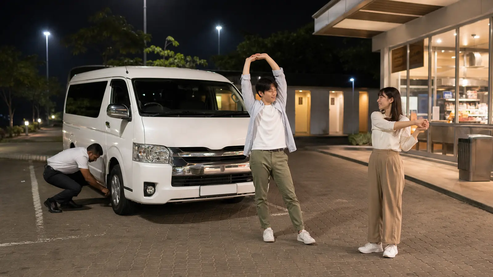 ふたりでスリランカ向けの夜間送迎で車両を確認する場面