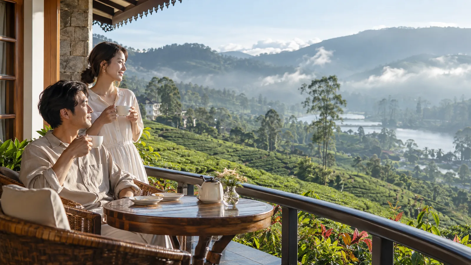紅茶畑を望むテラスでお茶を楽しむ二人旅の生成イメージ