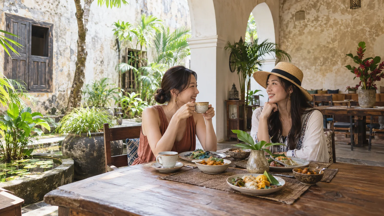 ゴールの中庭で紅茶と食事を楽しむ旅をイメージした生成画像