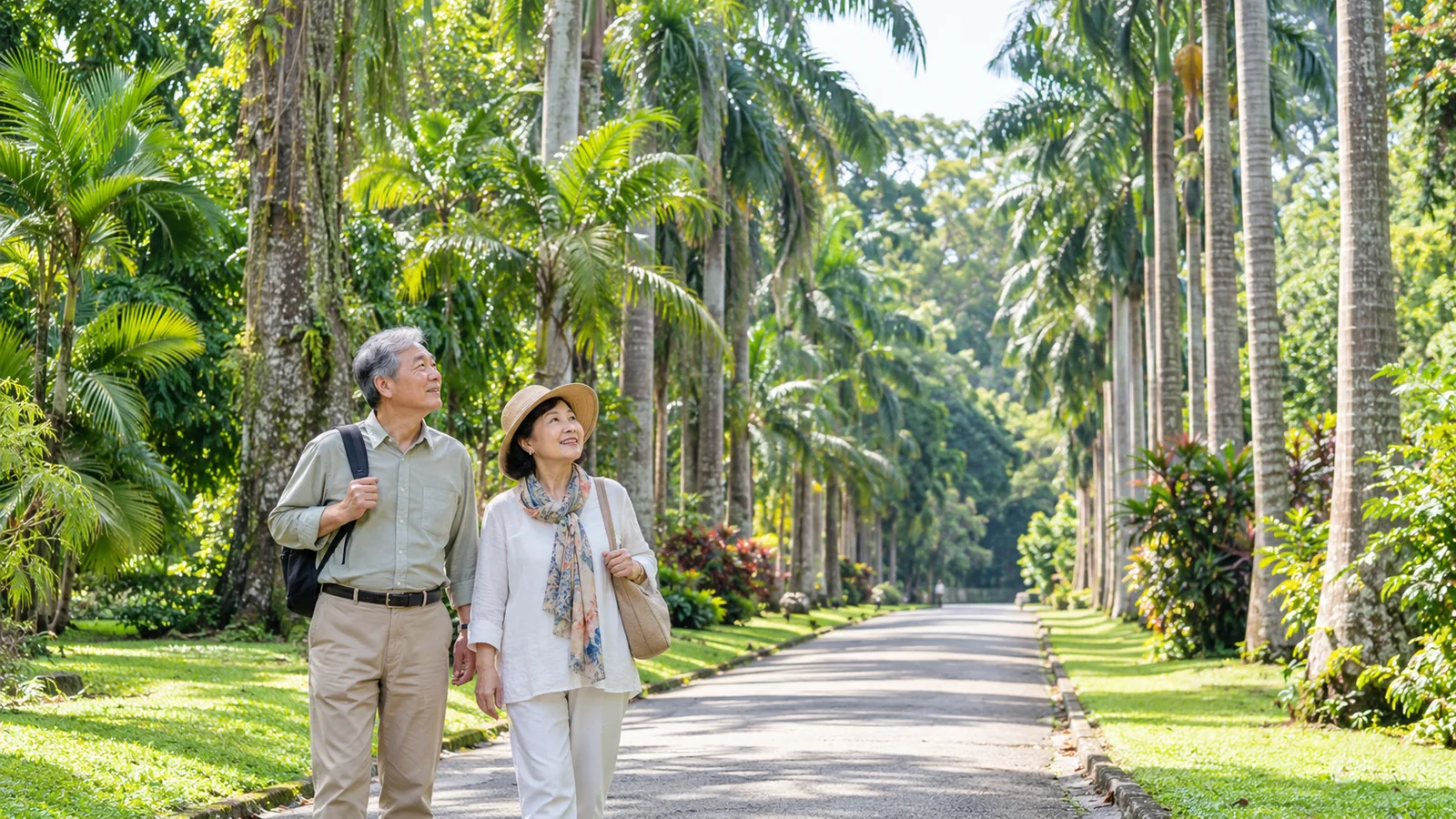 スリランカの植物園をゆっくり歩くシニア旅行のイメージ(生成画像)
