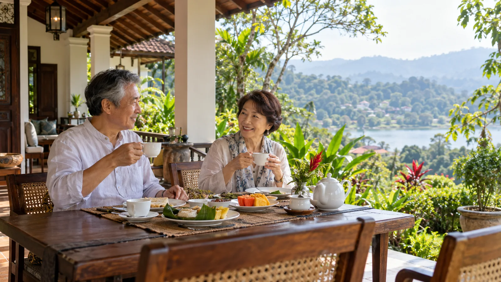 スリランカの宿でシニア旅行者が休む時間のイメージ(生成画像)